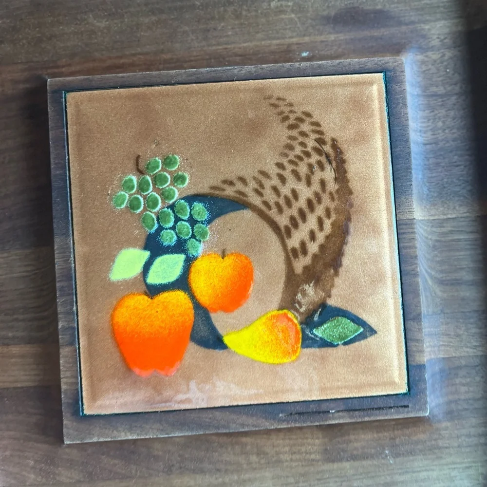 Vintage MCM Wood Serving Tray w Metal Inlay Cornucopia Harvest 12x12 Boho Decor